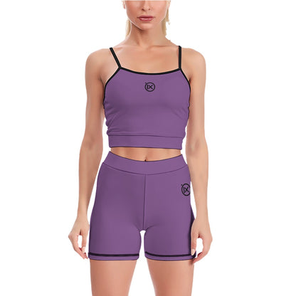 Women’s yoga two-piece set, purple cropped sports top and matching biker shorts with black trim