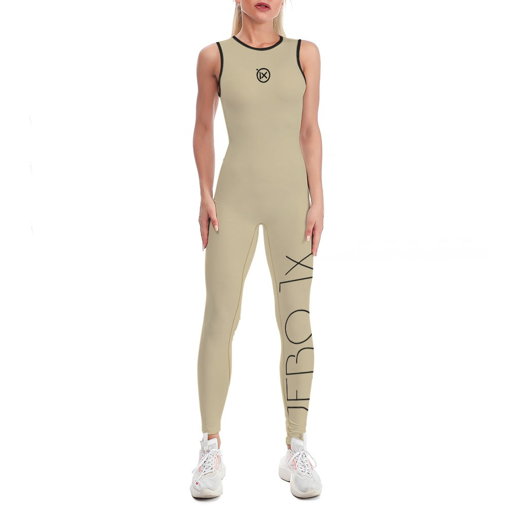 Womens one-piece yoga suit, tan with black-trim neckline and side leg graphic panel