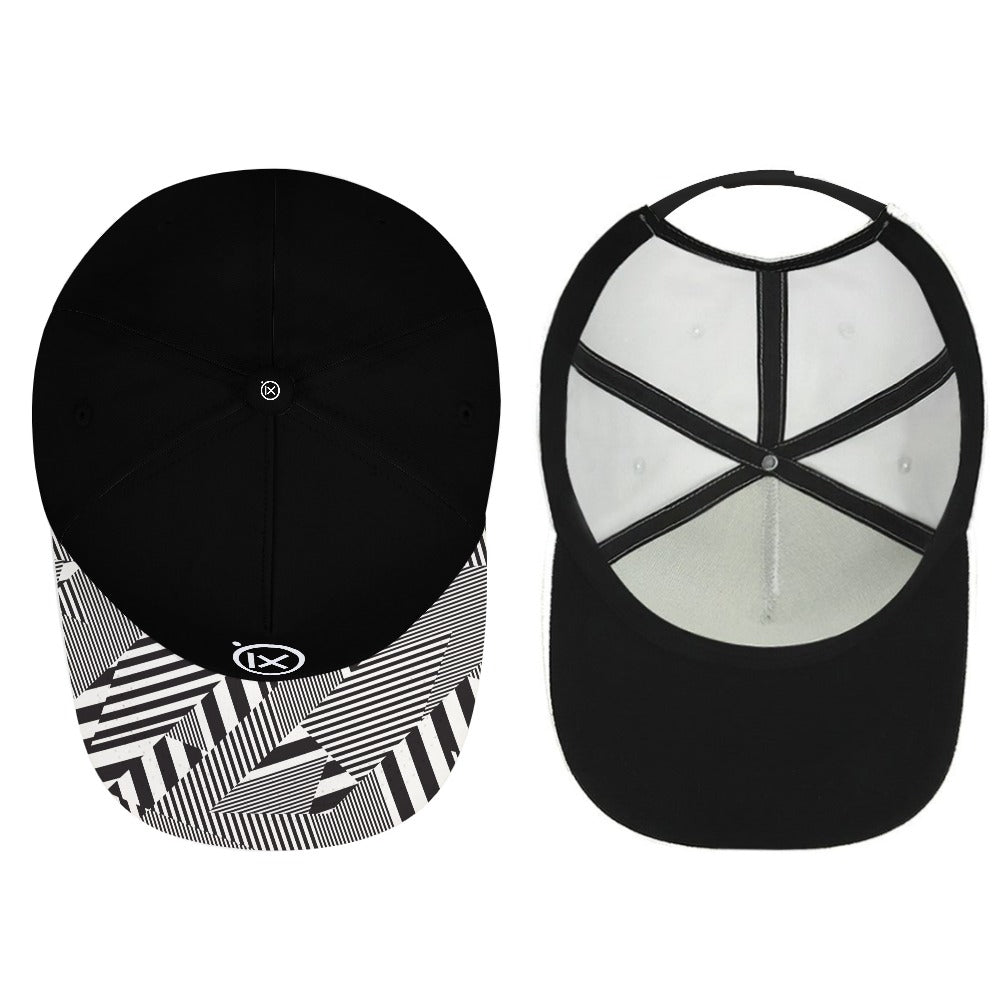 Black baseball cap with striped graphic brim and Ix logo; reverse view shown.