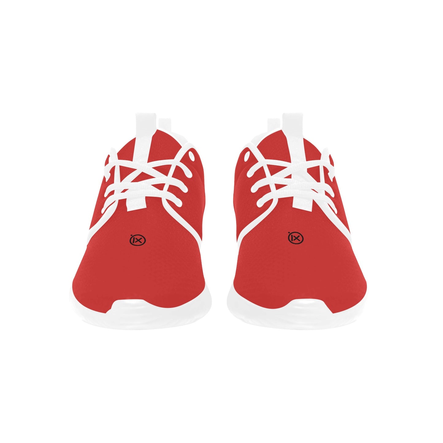 Pair of red mens runner shoes with white laces and socks-style collars
