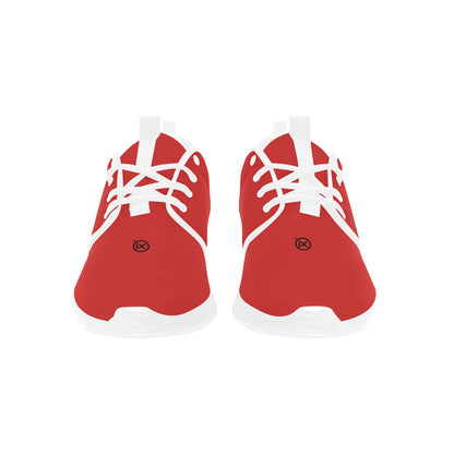Pair of red mens runner shoes with white laces and socks-style collars