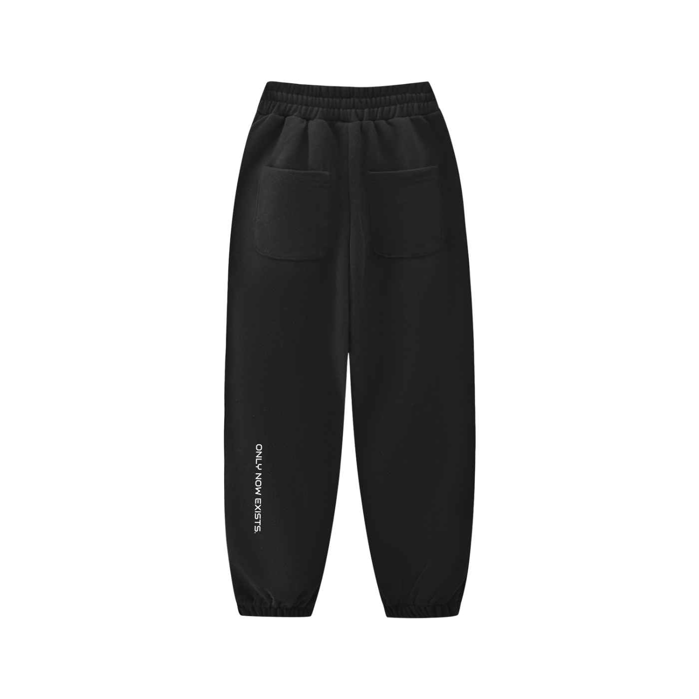 Kids fleece jogger in black, elastic waistband and cuffs, back view with pocket logo