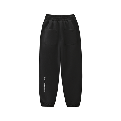 Kids fleece jogger in black, elastic waistband and cuffs, back view with pocket logo