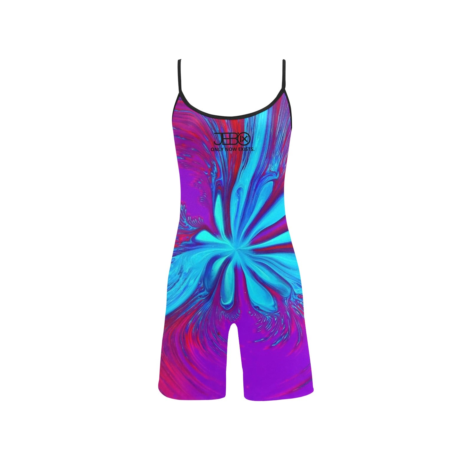Multicolor marbled short yoga bodysuit with spaghetti straps and black-trim scoop neckline