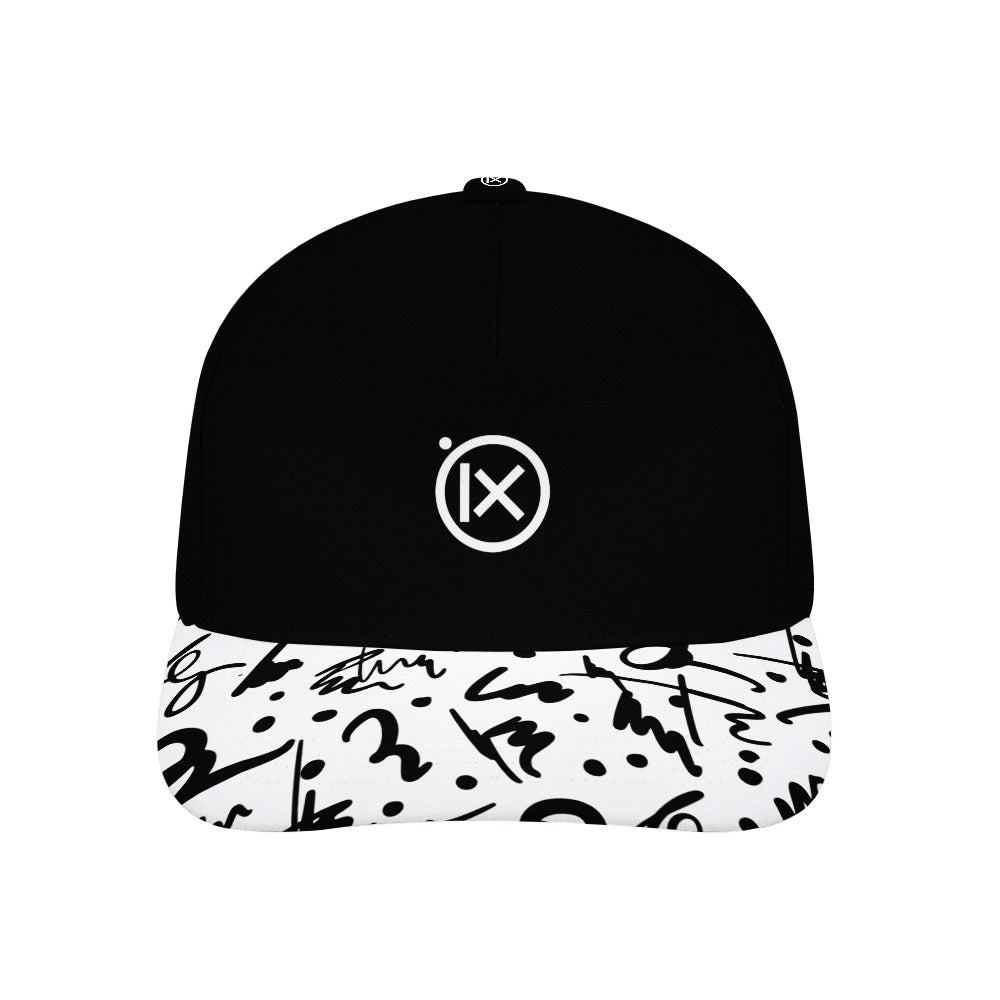 Baseball cap with black crown and white graphic brim with black marks, iX logo.