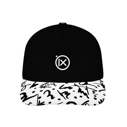 Baseball cap with black crown and white graphic brim with black marks, iX logo.