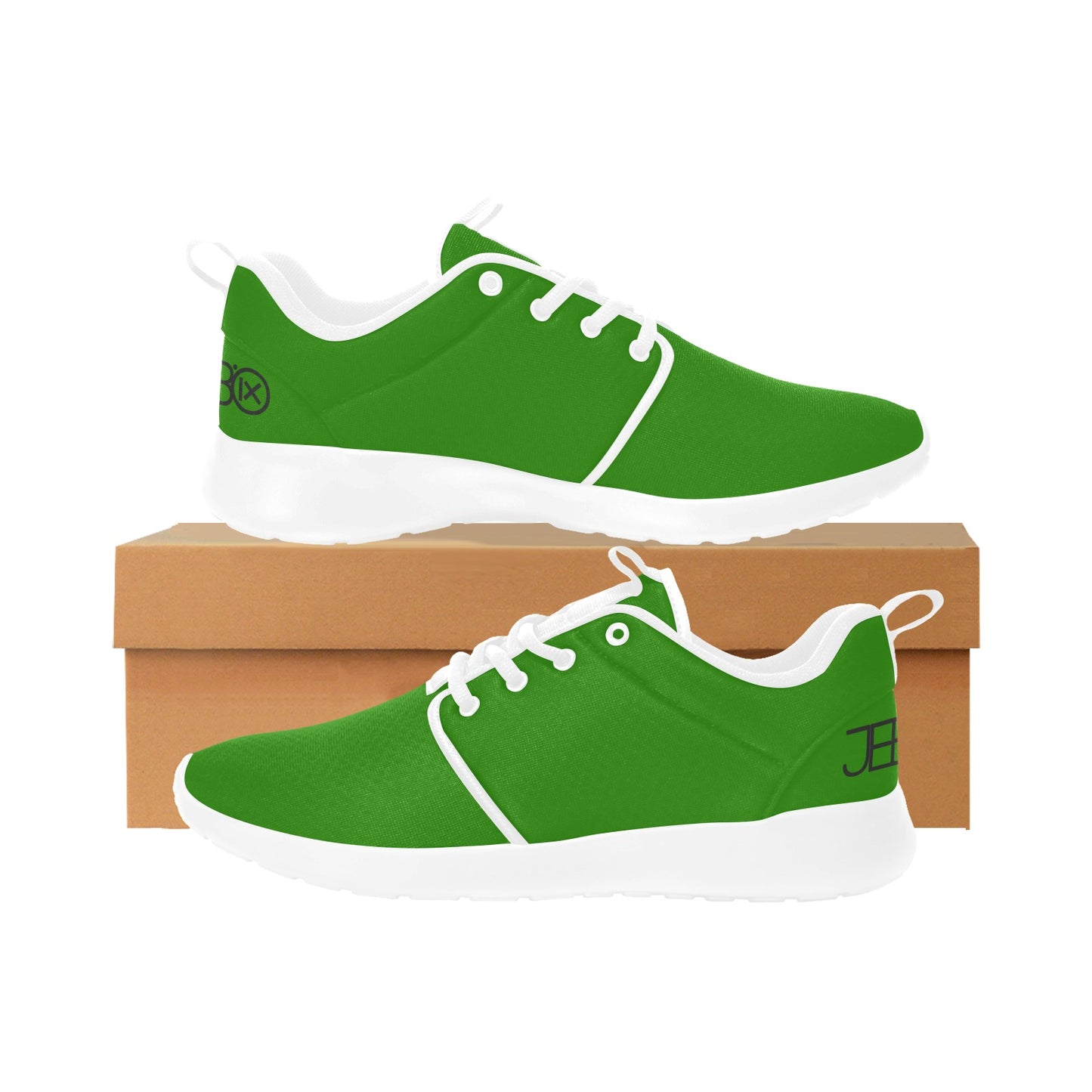 Green mens performance runner shoes with white laces, on brown box