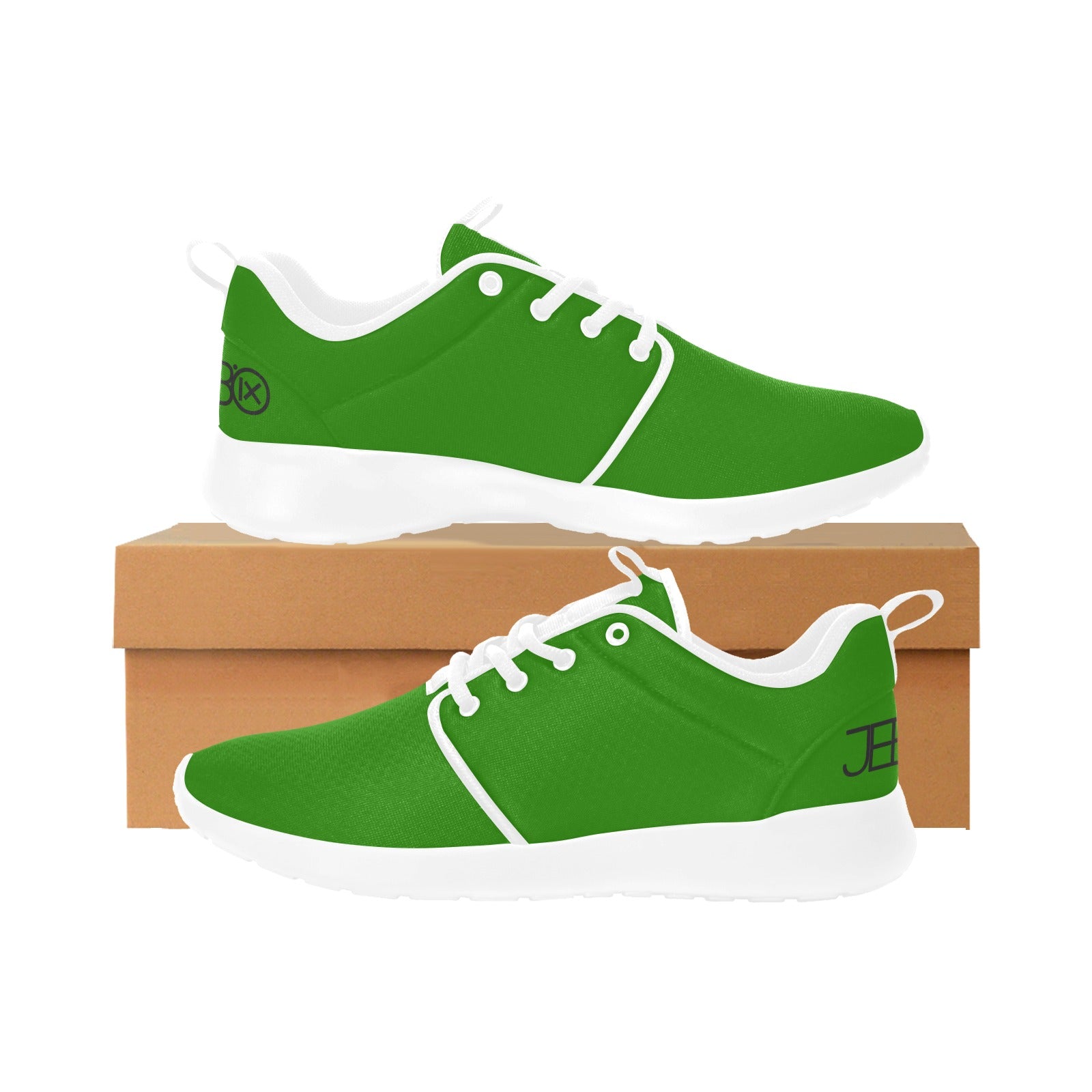 Green mens performance runner shoes with white laces, on brown box