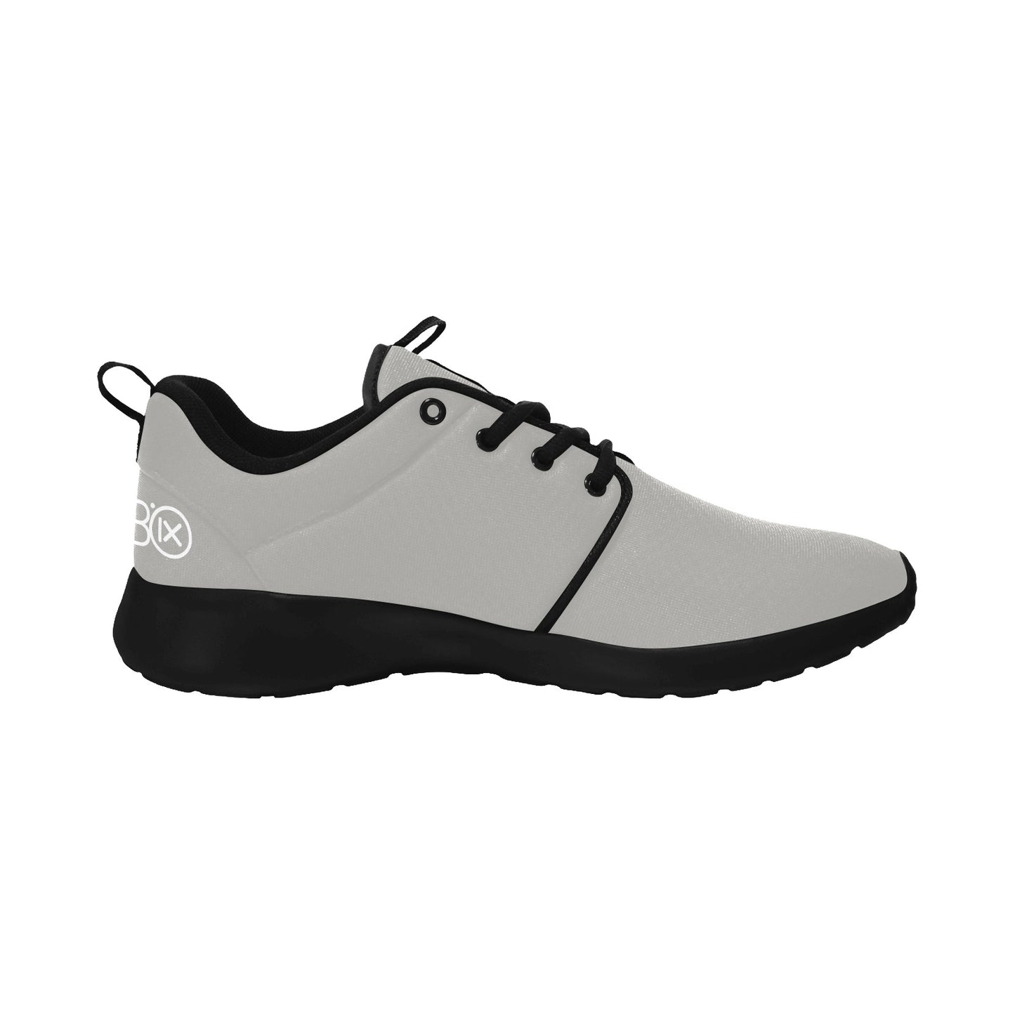 Mens performance running shoes, gray upper with black outsole, lace-up front view