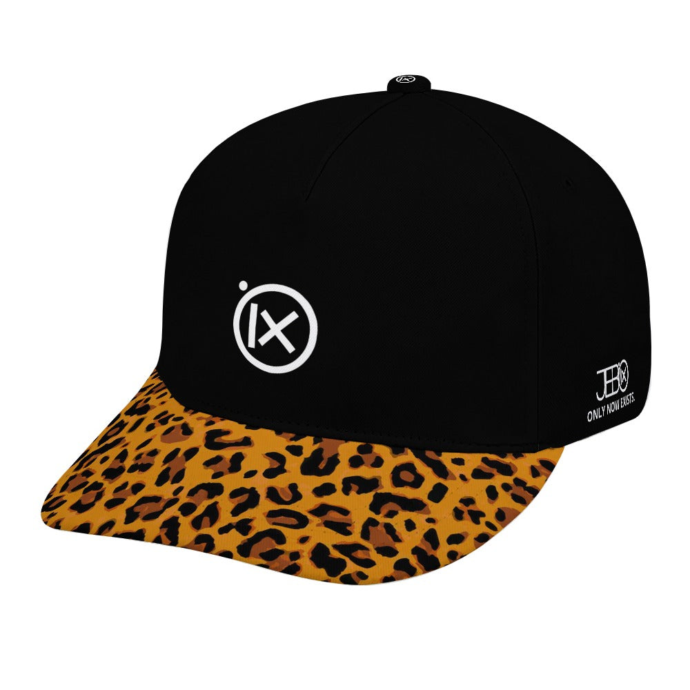 Baseball cap with black crown and leopard-print brim, side JEBO label and iX logo.