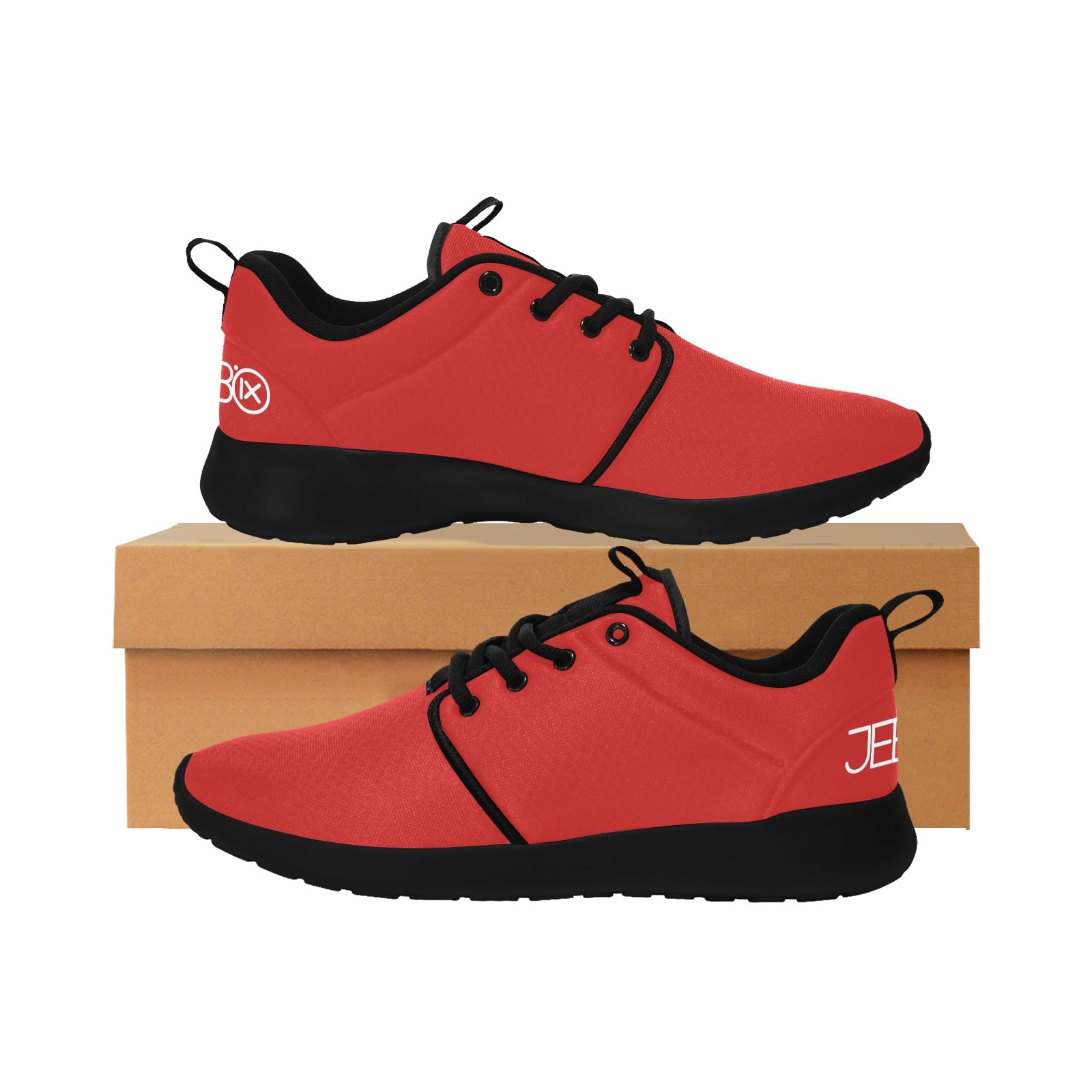 Red lace-up running shoes with black trim, shown on a box