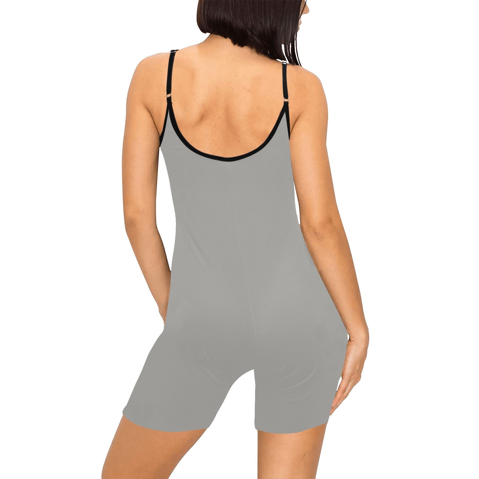 Steel gray short yoga bodysuit back view with spaghetti straps and black trim