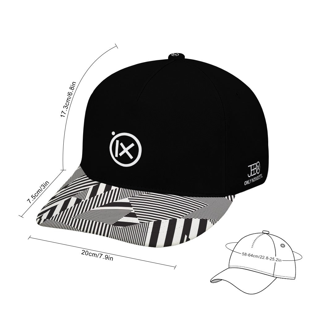 Black baseball cap with striped graphic brim and Ix logo, size diagram shown.