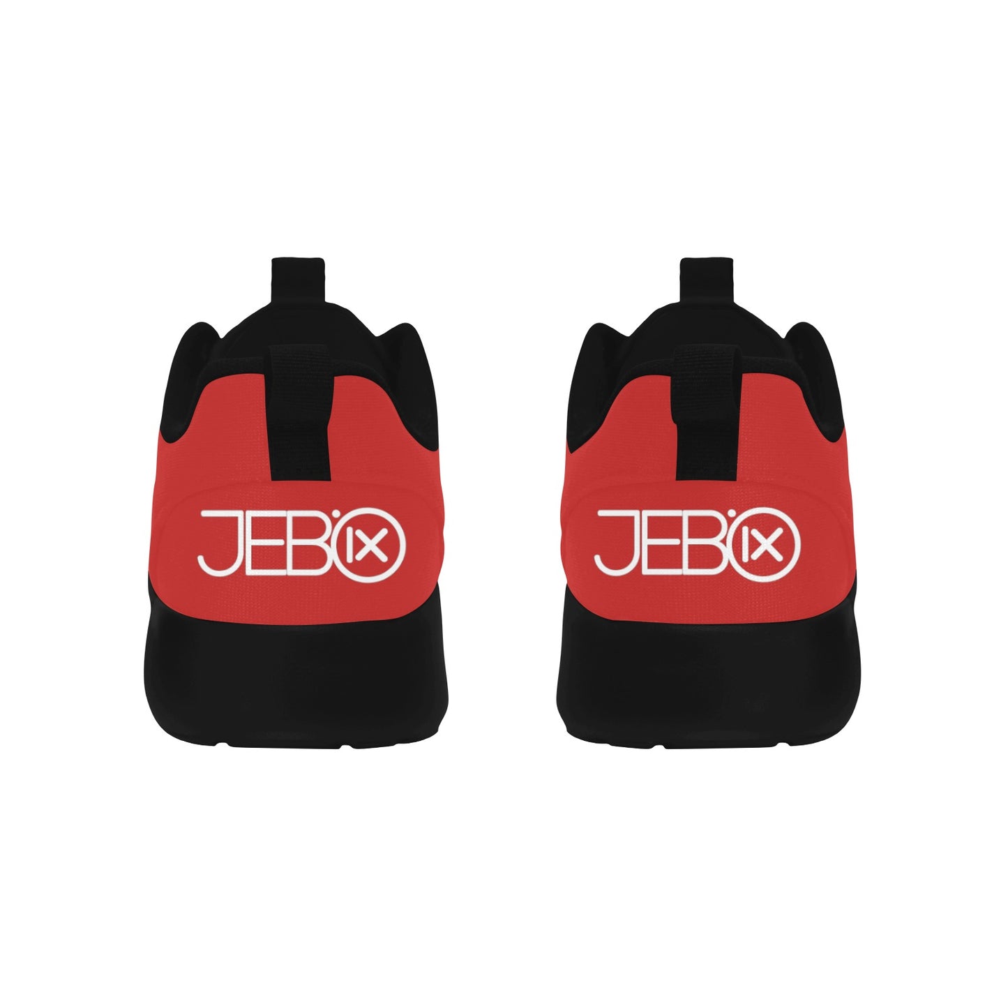 Red and black lace-up running shoes with JEBIX logo on the heel