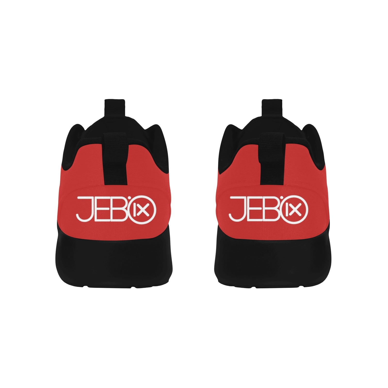 Red and black lace-up running shoes with JEBIX logo on the heel