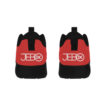 Red and black lace-up running shoes with JEBIX logo on the heel