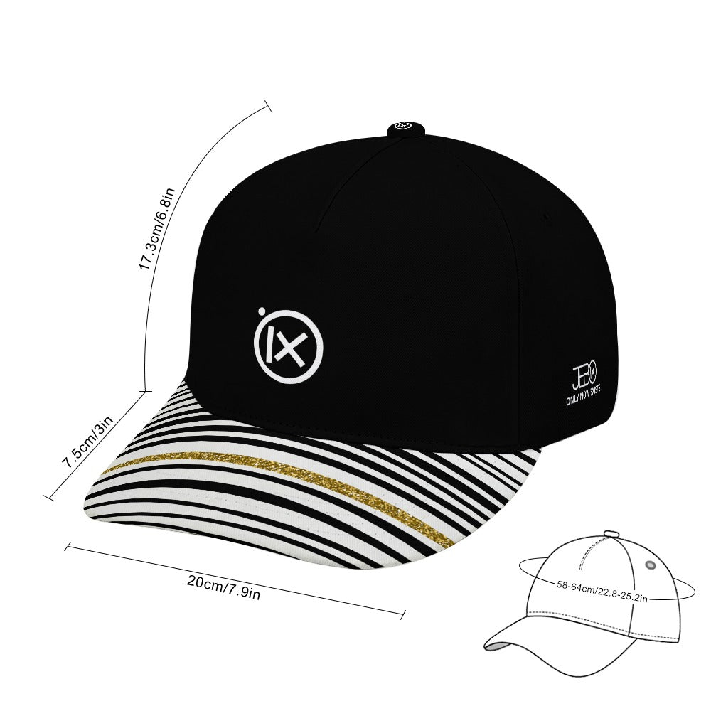 Black baseball cap with striped brim and gold accent line; ix logo on crown