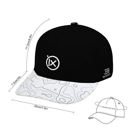 Black baseball cap with white map-style brim pattern; ix logo on crown