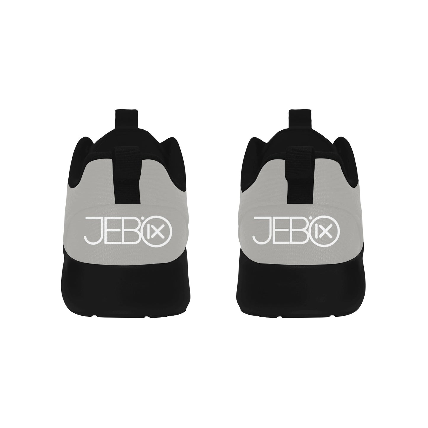 Men's core runner sneakers, back view with light gray uppers and black heel straps