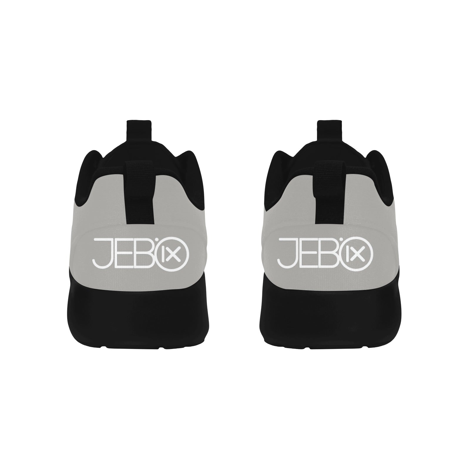 Men's core runner sneakers, back view with light gray uppers and black heel straps