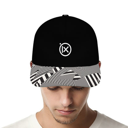 Black baseball cap with striped graphic brim, Ix logo front, worn on model.