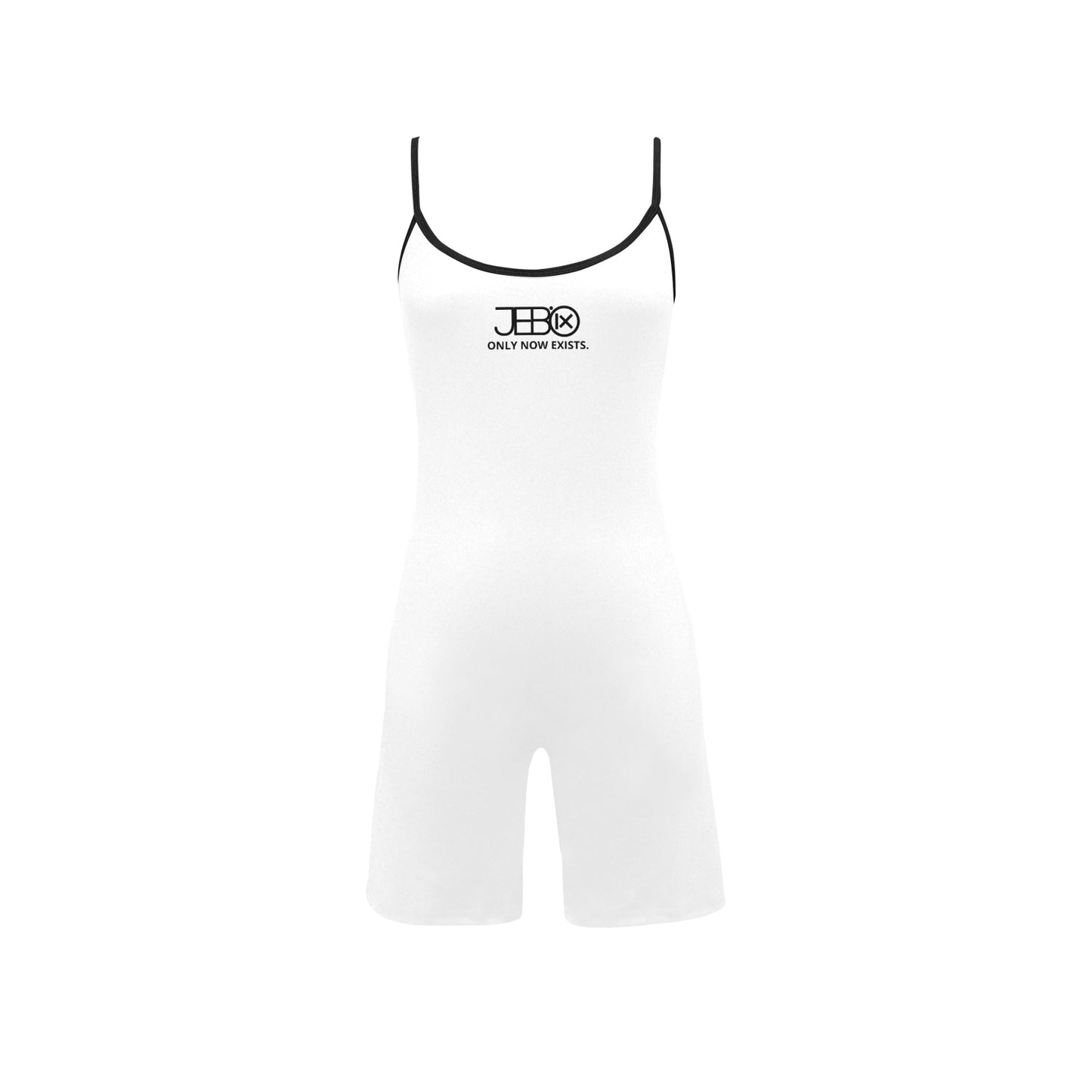 White short yoga bodysuit with spaghetti straps and black-trim scoop neckline, JEBO text