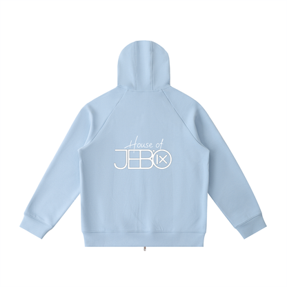 Raglan zip hoodie in light blue, with hood and back logo graphic