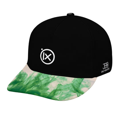 Black baseball cap with green camo brim, Ix logo front, side patch detail