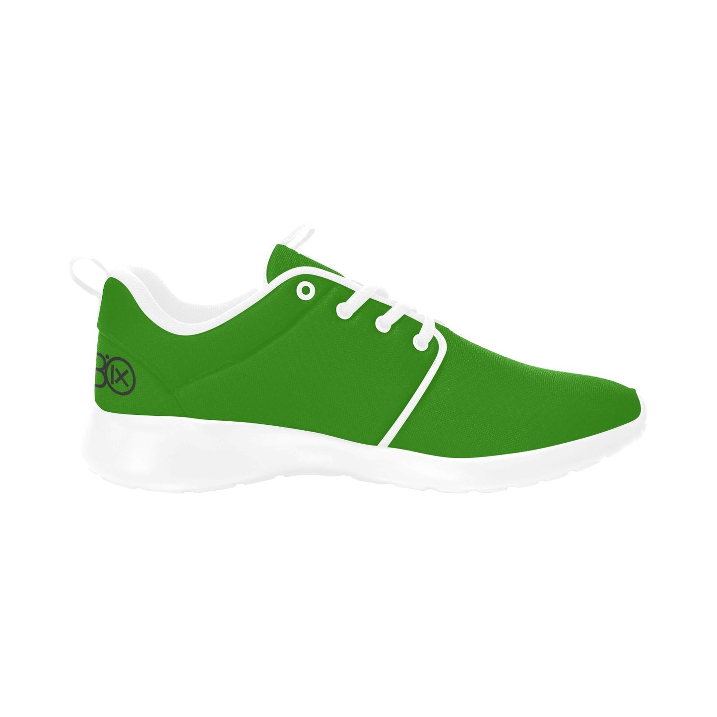 Men's running shoes, green upper with white laces and white cushioned sole