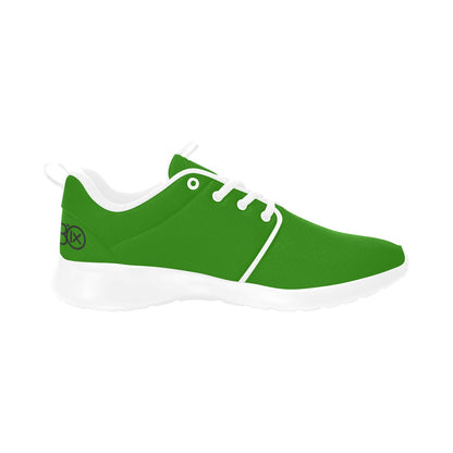 Men's running shoes, green upper with white laces and white cushioned sole