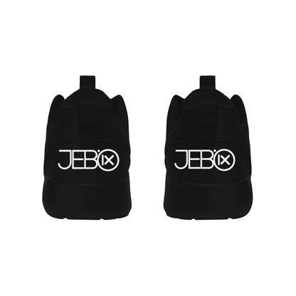 Mens core runner shoes, black back view with JEBIX logo on heel and cushioned collar