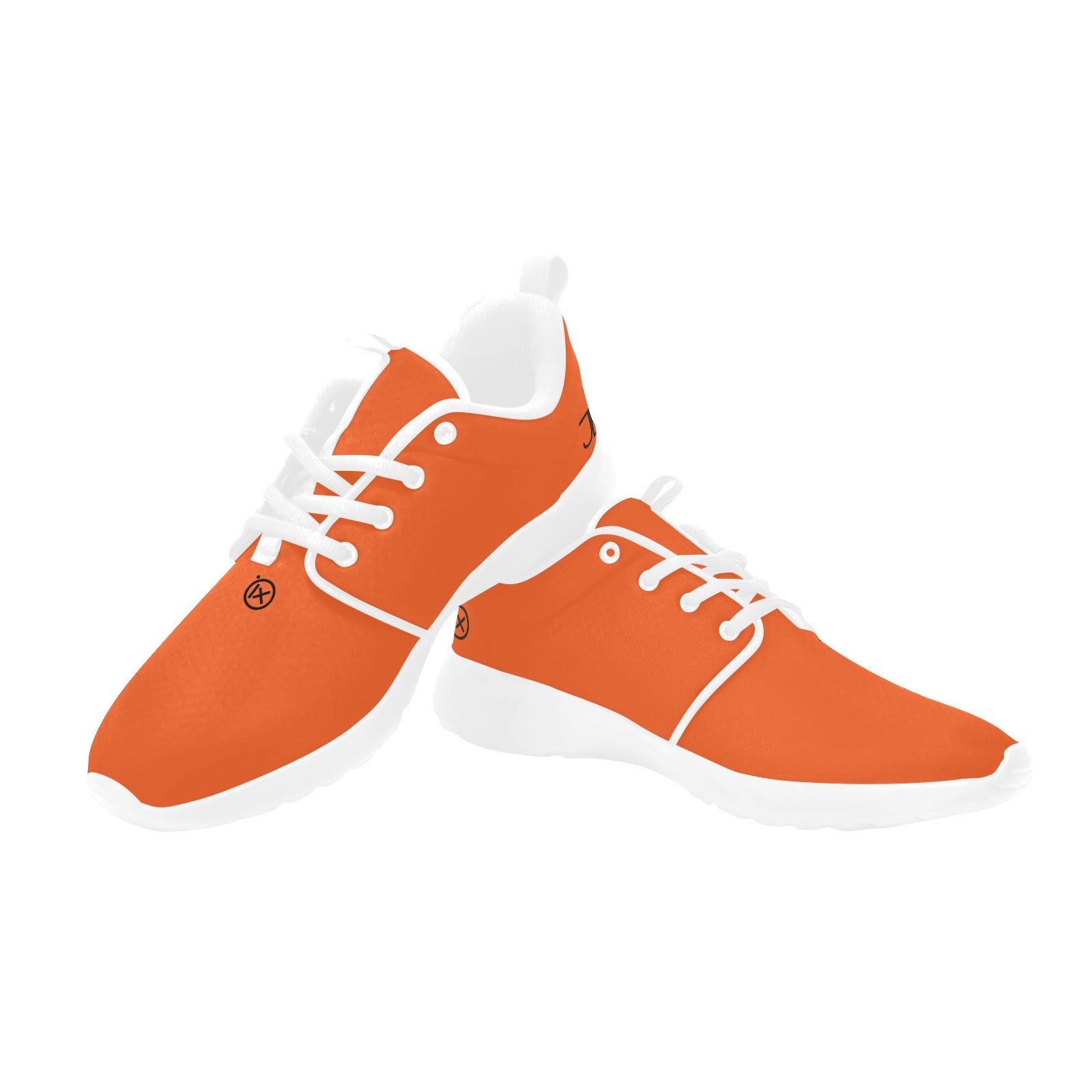 Men's running shoes, orange knit uppers with white laces and thick white sole