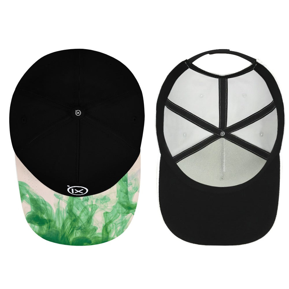 Baseball cap set: black cap with green camo brim, and white/black crown cap view