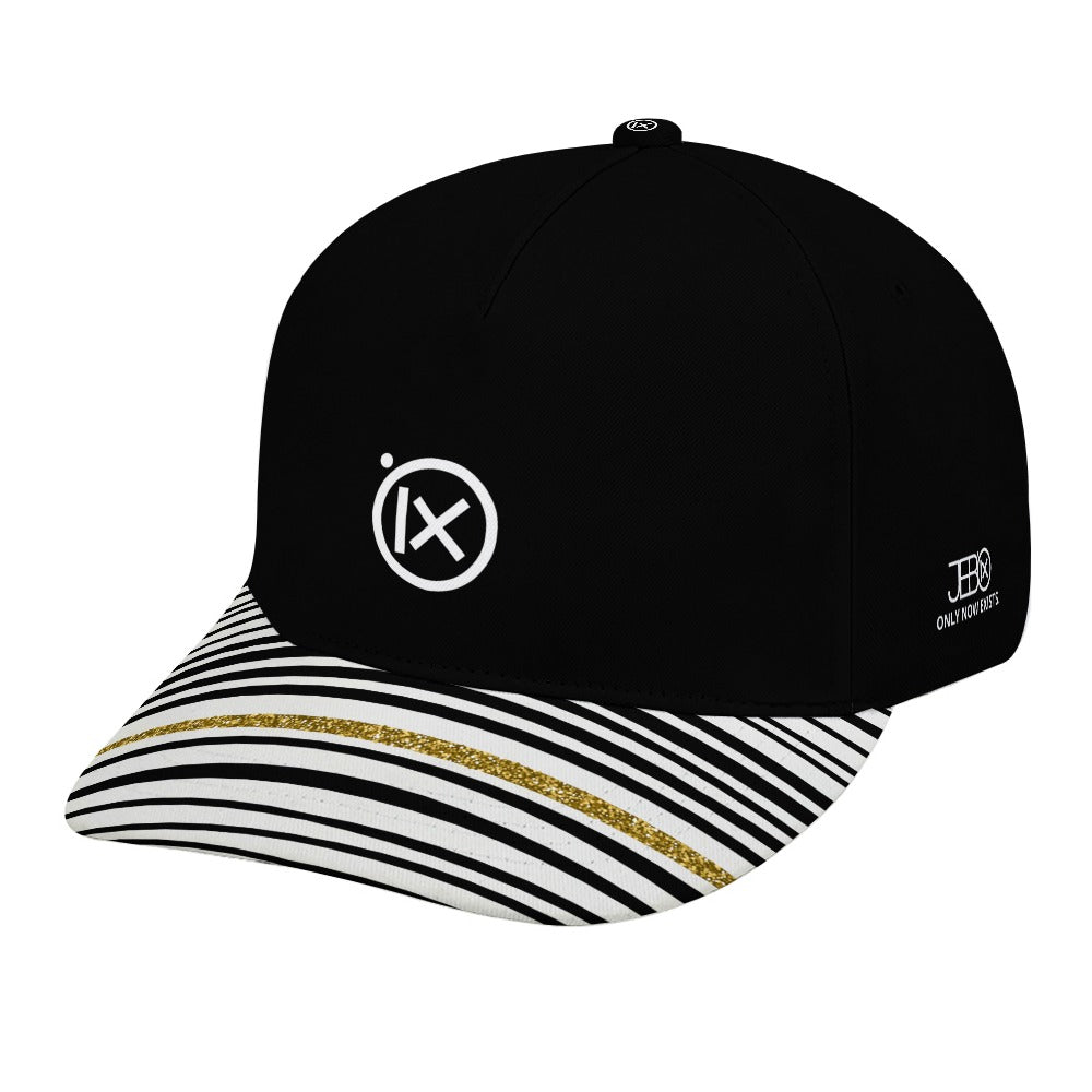 Black baseball cap with striped brim and gold accent line; ix logo on crown