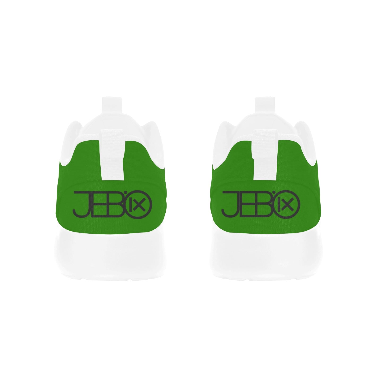 Green mens runner shoes heel view with JEBIX logo and white sole