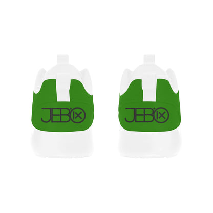 Green mens runner shoes heel view with JEBIX logo and white sole