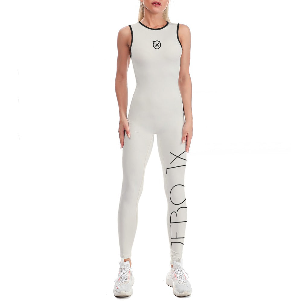 White sleeveless one-piece yoga suit with black crew neck and leg graphic panel