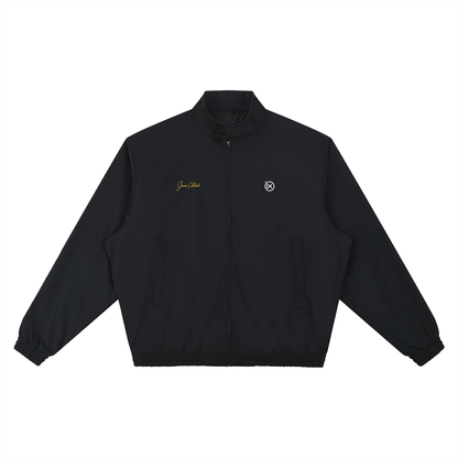 Black stand-collar bomber jacket with front zipper, flap pockets, and ribbed cuffs.