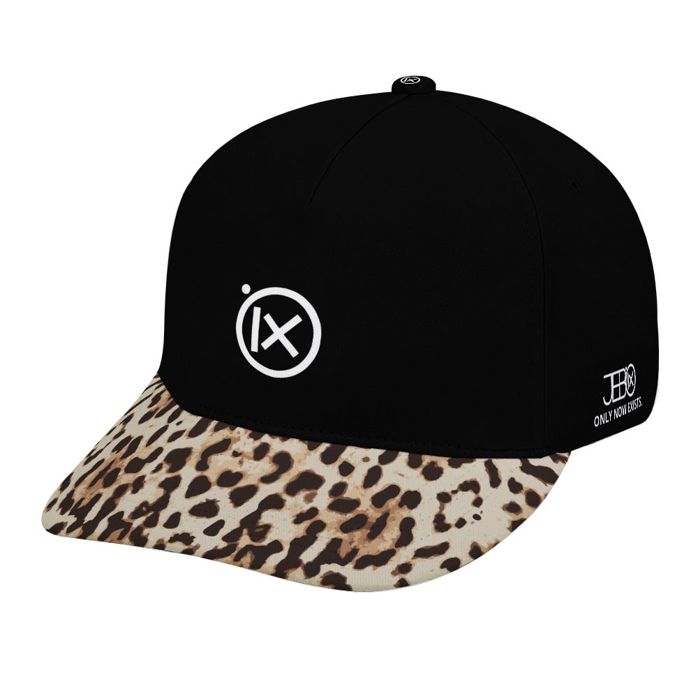 Baseball cap with black crown and leopard-print brim; Ix front emblem and side logo