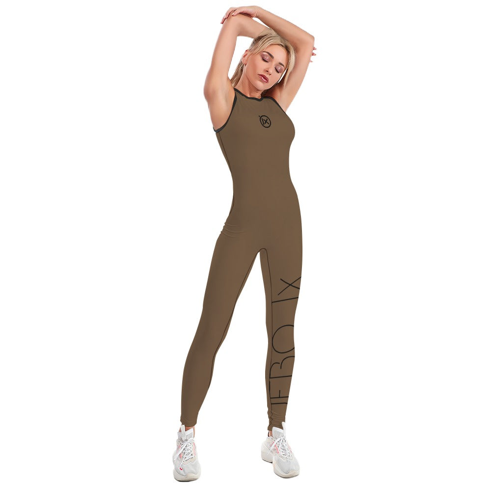 Brown sleeveless one-piece yoga suit with black crew neck and side leg graphic