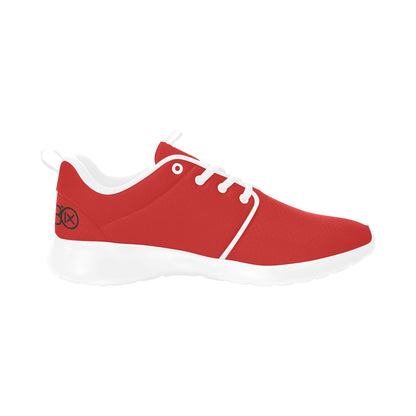 Red mens performance runner shoes with white laces and cushioned sole