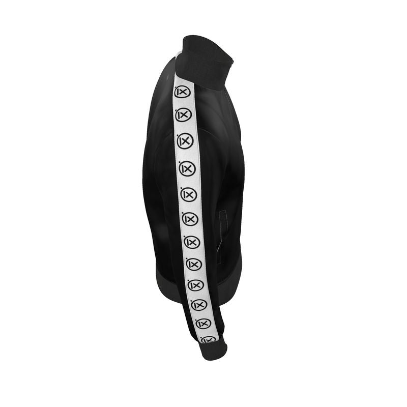 Black tracksuit jacket with full-zip, stand collar, and white logo zip tape.