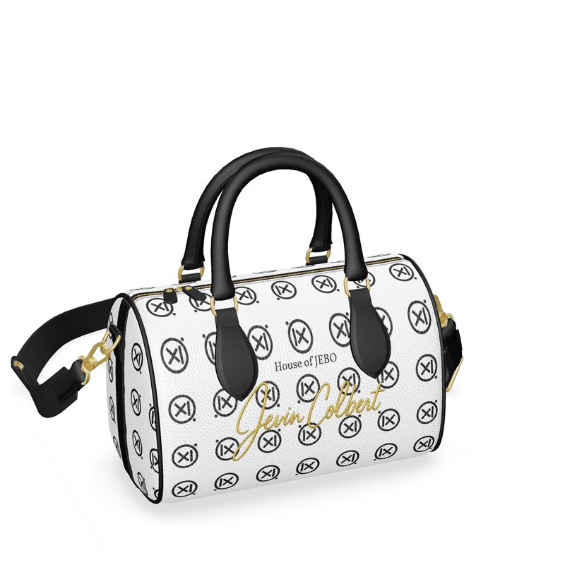 Mini duffle bag, white with black logo pattern and black leatherette handles