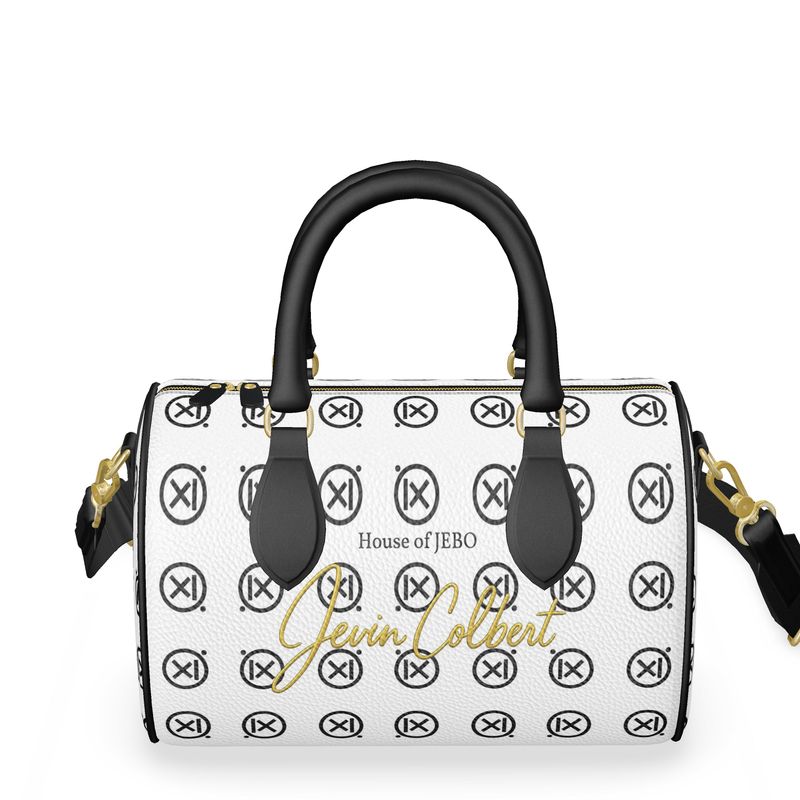 Mini duffle bag, white with repeating logo icons, black handles, top zip