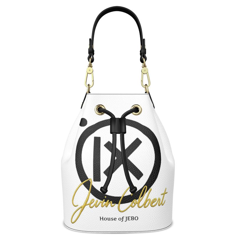 White bucket bag with drawstring top, gold ring accents and logo front