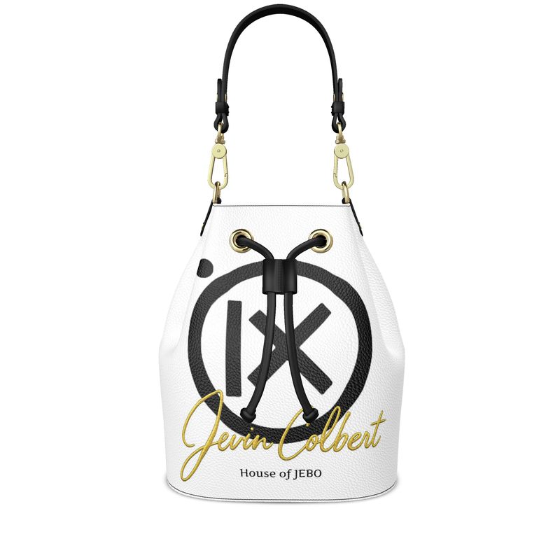 White bucket bag front with drawstring and large black circular graphic