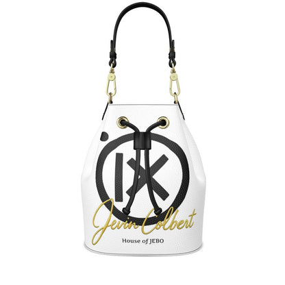 White bucket bag front with drawstring and large black circular graphic