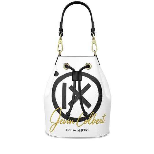 White bucket bag front with drawstring and large black circular graphic