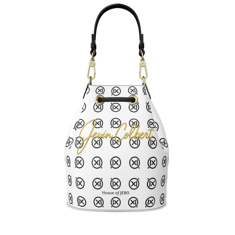 White bucket bag with drawstring top, repeating black icon print and logo