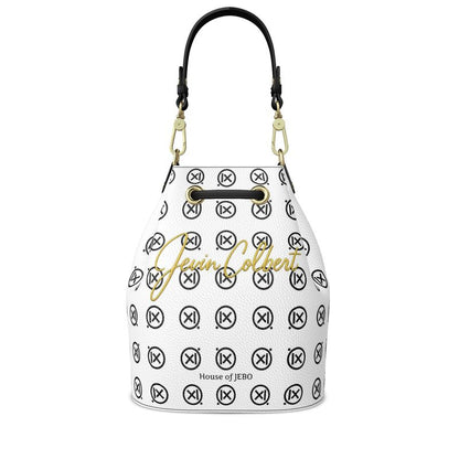White bucket bag with drawstring top, repeating black icon print and logo